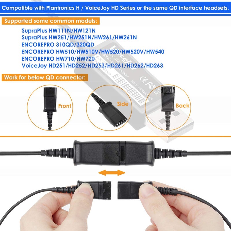VoiceJoy Call Center Headset Quick Disconnect QD Cable to USB Plug Adapter for Plantronics QD Connector to Any Computer Laptop - Image 3